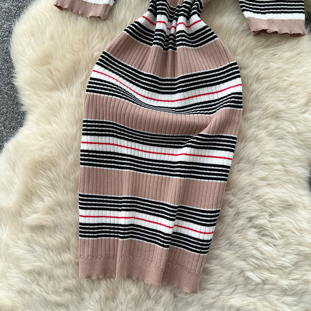 French polo collar striped knit dress - women's summer slim fit, minimalist, figure-flattering, cinched waist, sexy bodycon dress for work