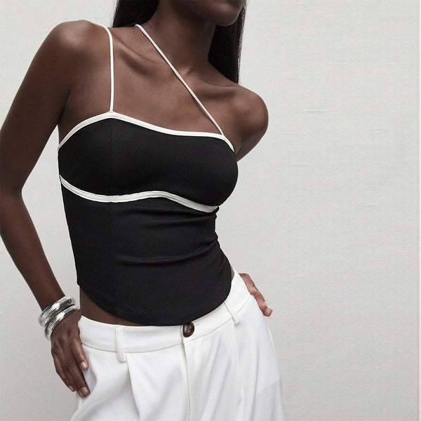 2024 International Station Foreign Trade Women's Clothing Unique Design Sling Vest Spring and Summer Sexy Unilateral Sling Sleeveless Top