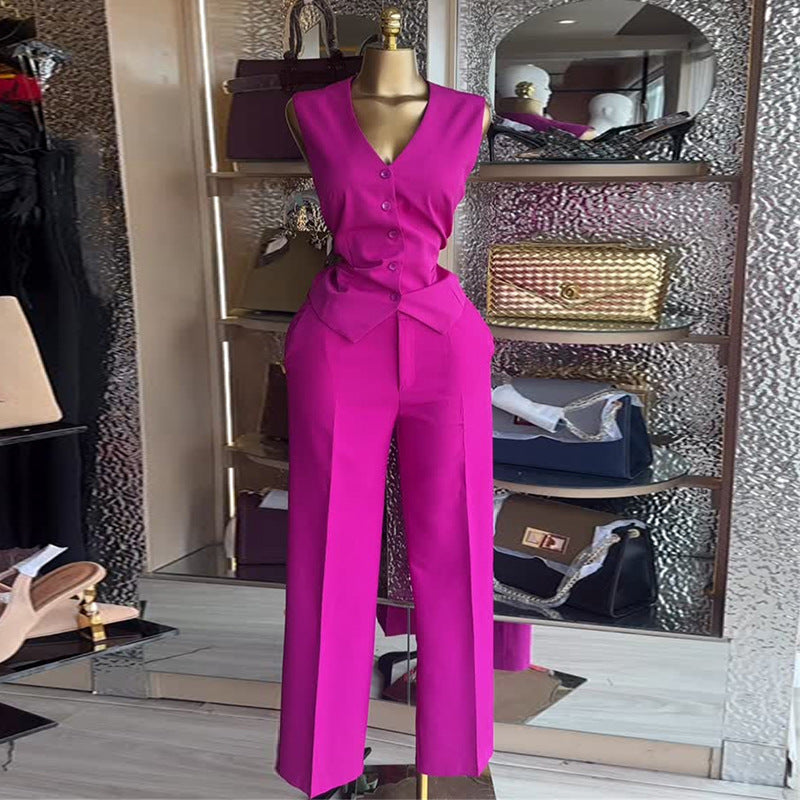 European and american cross-border women's fashion  autumn/winter new collection: stylish v-neck button-down vest top and wide-leg pants casual set