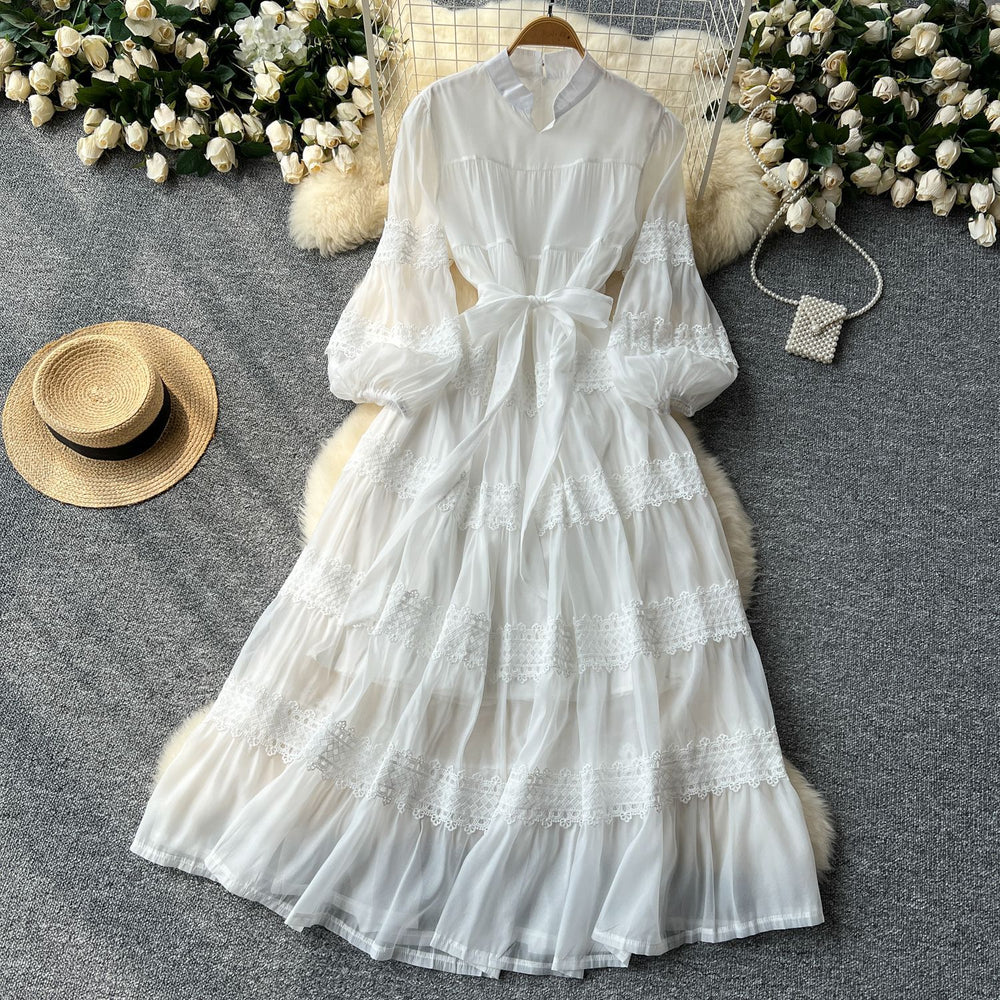 Luxury french-style lantern sleeve dress - women's summer lace patchwork tie-up slimming design elegant maxi dress