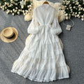 Luxury french-style lantern sleeve dress - women's summer lace patchwork tie-up slimming design elegant maxi dress