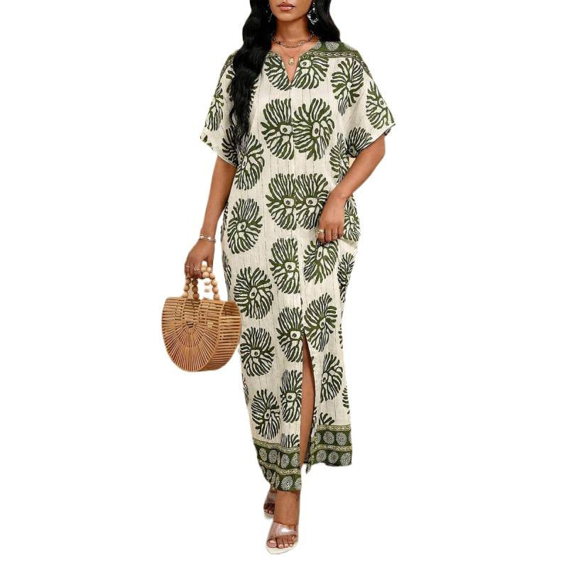 Amazon european goods  summer new arrival printed elegant v-neck short sleeve long loose slimming dress