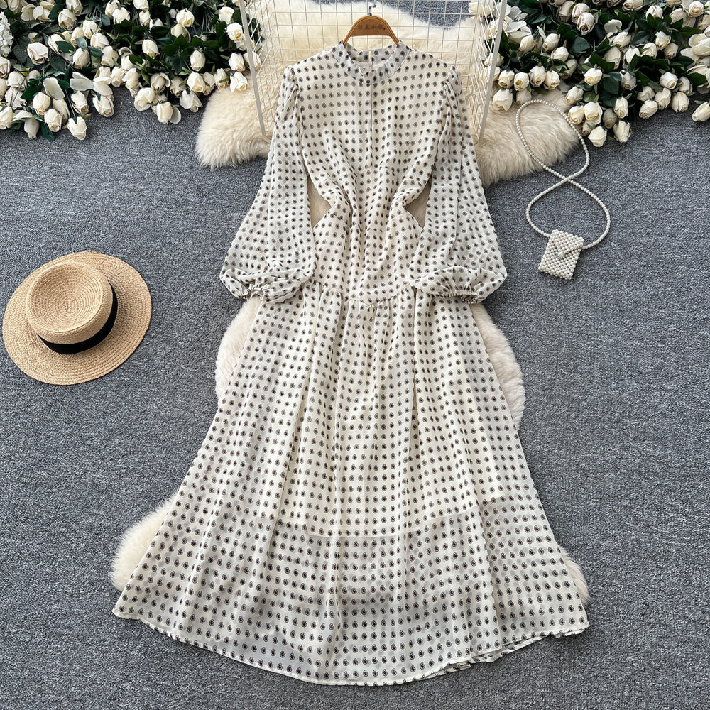 French chic stand collar lantern sleeve polka dot dress - women's slimming a-line maxi dress - autumn  new arrival