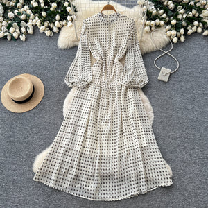 French chic stand collar lantern sleeve polka dot dress - women's slimming a-line maxi dress - autumn  new arrival