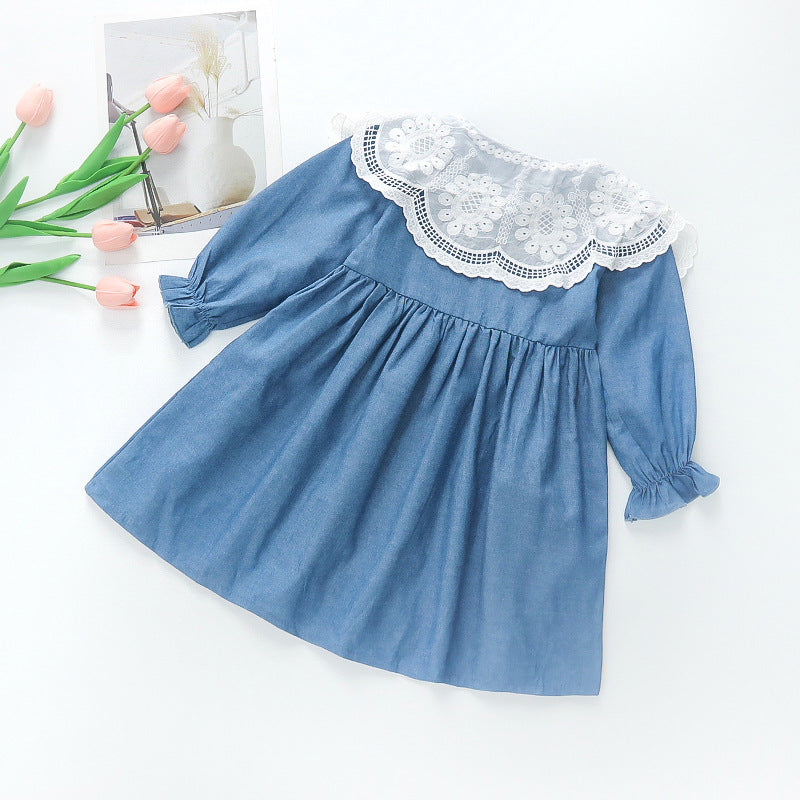 Girls' spring/autumn outfit  new style faux two-piece dress shirt dress, long-sleeved princess dress for toddlers and young children, stylish skirt