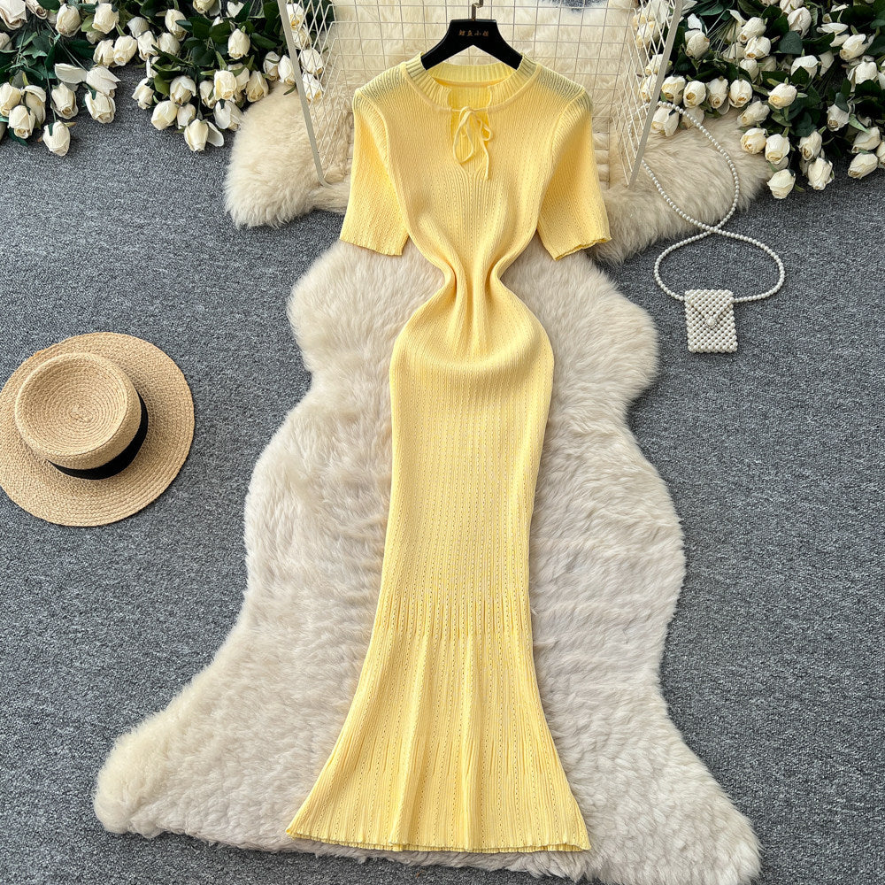Korean style knitted hollow-out breathable dress - women's summer short sleeve, slim fit a-line maxi dress - mature & elegant style for work and casual wear
