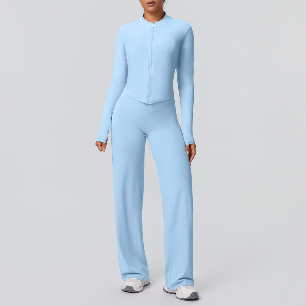 High-waisted, wide-leg, straight-leg pants with a cloud-like feel, quick-drying, zippered jacket, yoga outfit, outdoor casual running fitness sportswear set