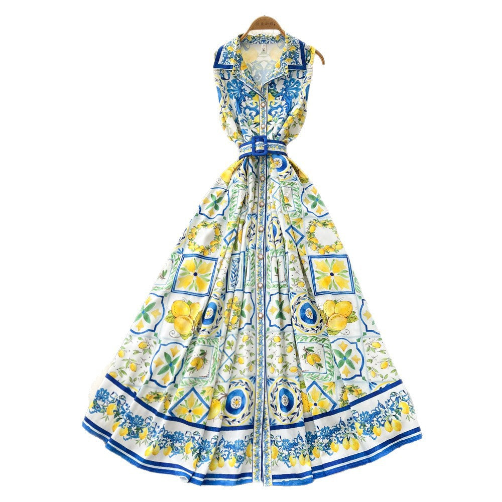 Vacation style sleeveless lapel printingdress female summer k-style strap waist a-line long skirt eleganceelegant