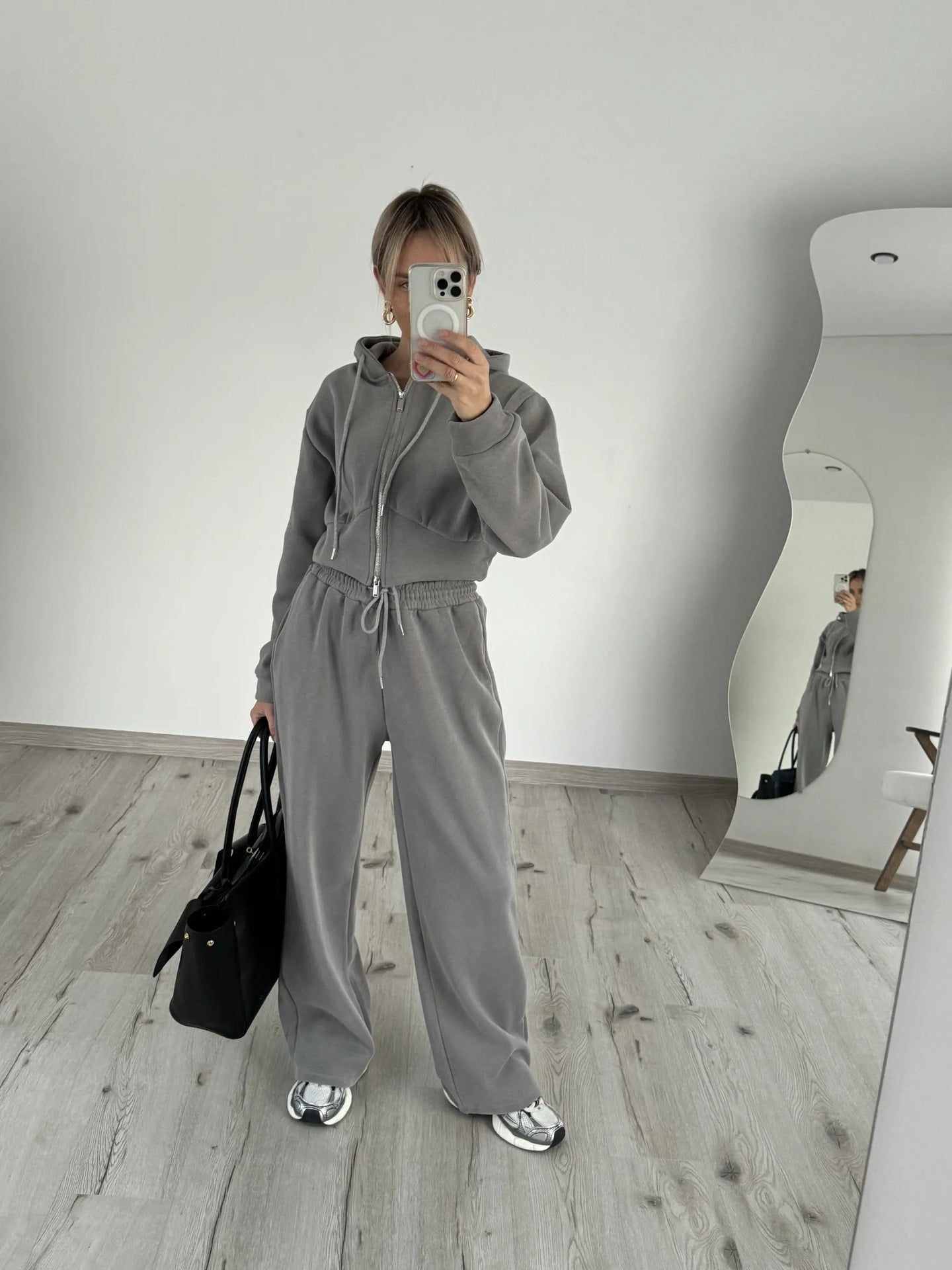 Cross-border European and American women's fashion sports suit solid color long-sleeved zipper hooded cardigan sweater casual pants two-piece set