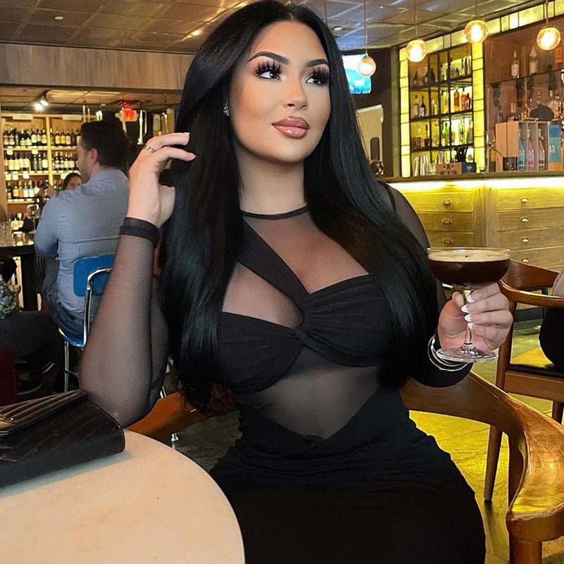 European and american women's clothing cross-border trade manufacturer  new round neck mesh panel long sleeve midi bodycon dress