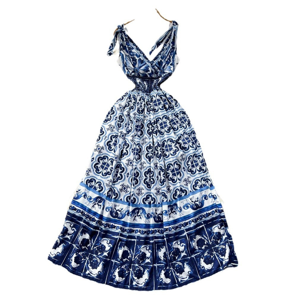 Frenchretrotie back suspender dresssummer women's sense of designniche style waist slimming look large swing floral long skirt