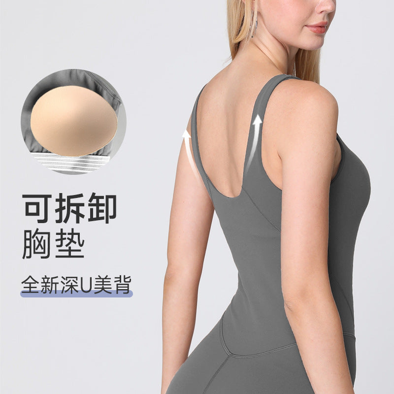 One-piece fitness suit with chest pad, beautiful back sports yoga suit, breathable beautiful back, nude feel shaping one-piece yoga pants for women