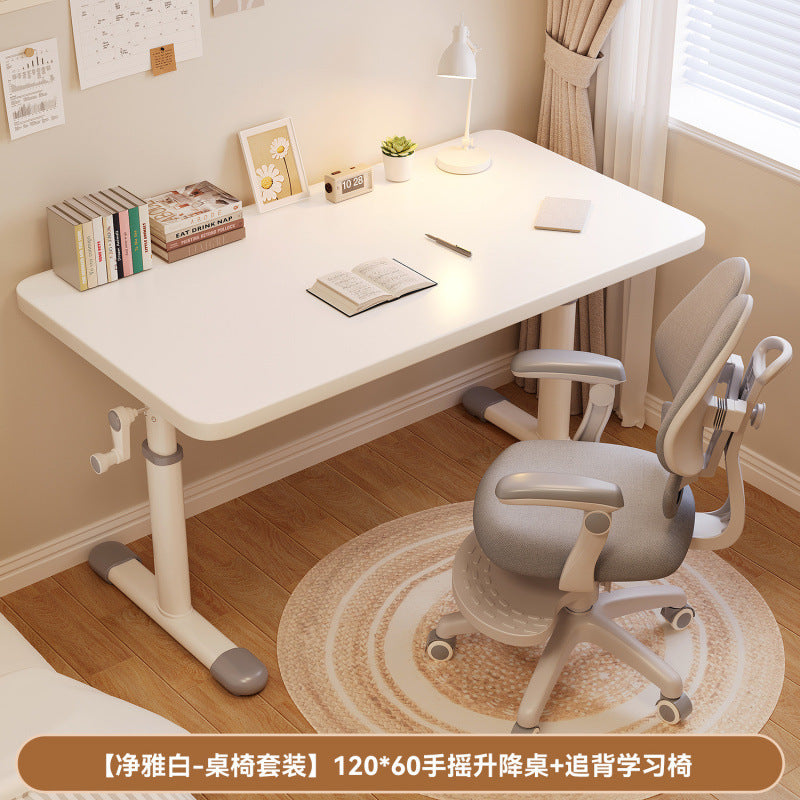 Hand-crank adjustable desk, thickened study table, bedroom study room complete computer desk set, adjustable wooden children's desk and chair set
