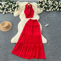 Summer outfit set: women's sexy v-neck halter twist knot waist tie back top + high-waisted flared midi skirt