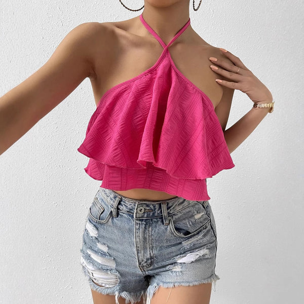 Foreign Trade Women's Clothing European and American Sexy Spice Girls Vest Summer Backless Design Sense Niche Neck Sleeveless Top