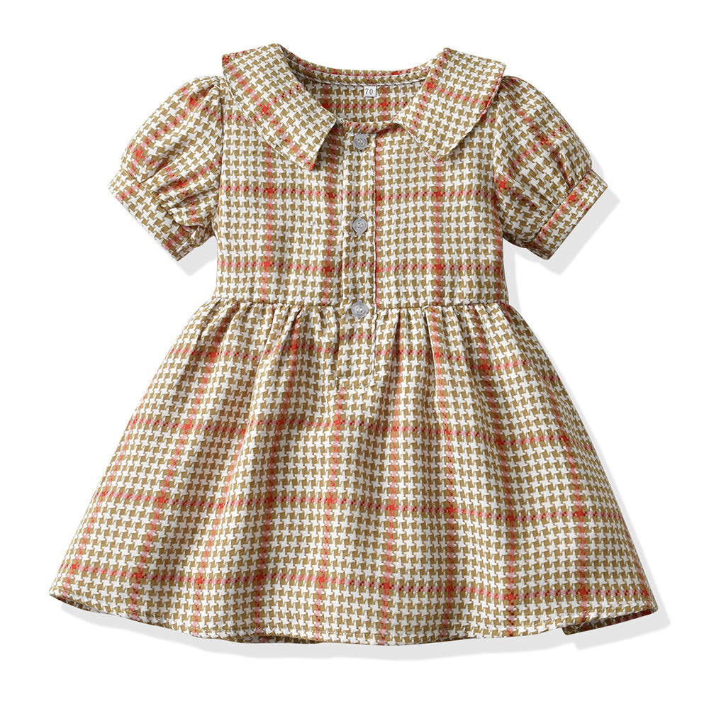 Girls' vintage cotton plaid dress - french collar, kids' & baby summer  new arrival, short sleeve princess dress