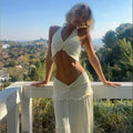 spring new arrivals: european and american style sexy cutout pleated halter top and fashionable elegant midi skirt set for women
