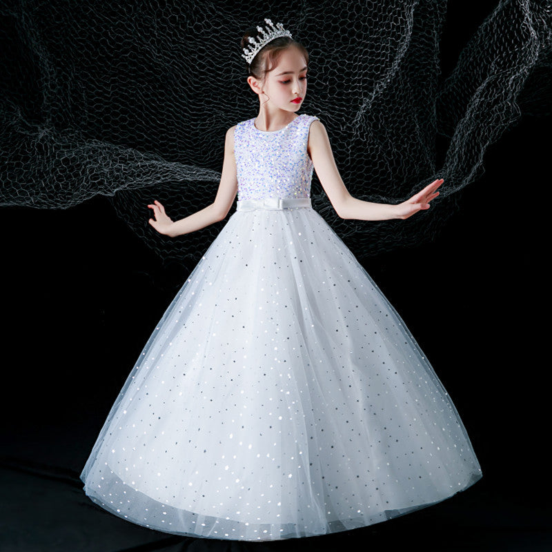 Custom children's long wedding dress gown tulle princess dress for girls ages 3-15, perfect for children's day performances