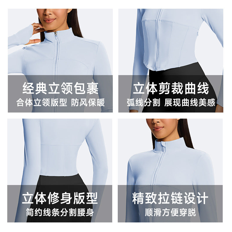 Jinke cross-border yoga outwearshortlong sleeves waist tight tops zipper stand collar sports fitness women