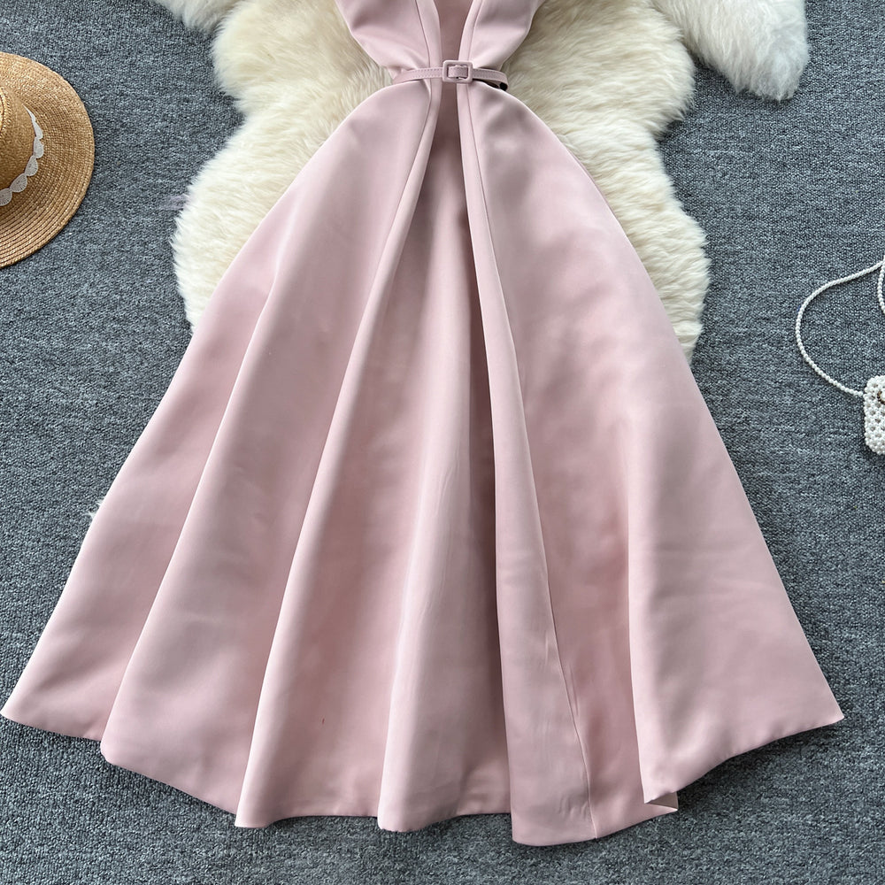 Hepburn style dress for women summerfrenchclassy sense bows waist slimming look suspender square collar fluffy dress