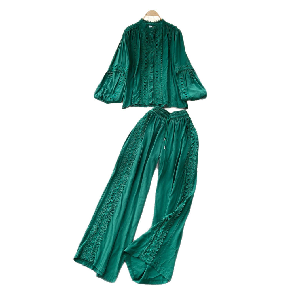 Elegant two-piece set for women, autumn : french court style lace patchwork lantern sleeve blouse with high-waisted wide-leg pants