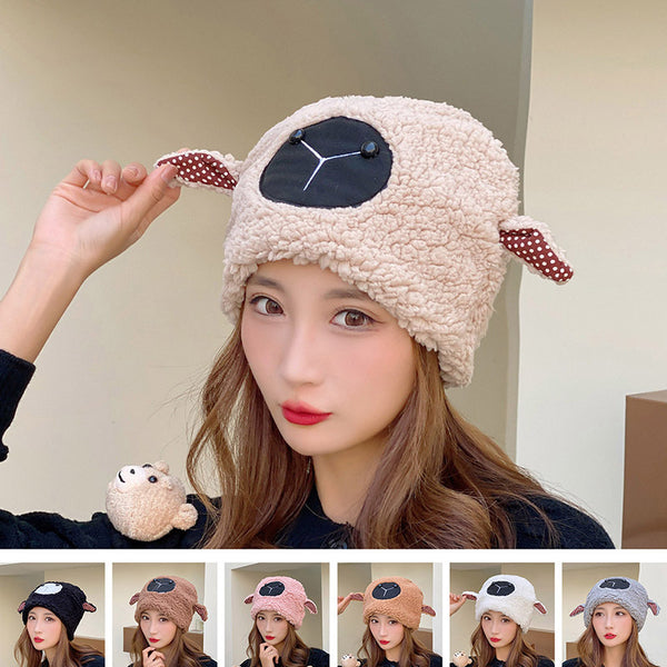 Lamb hat female autumn and winter cute cartoon warm hat cycling ears thickened cotton hat plush confinement pullover hat
