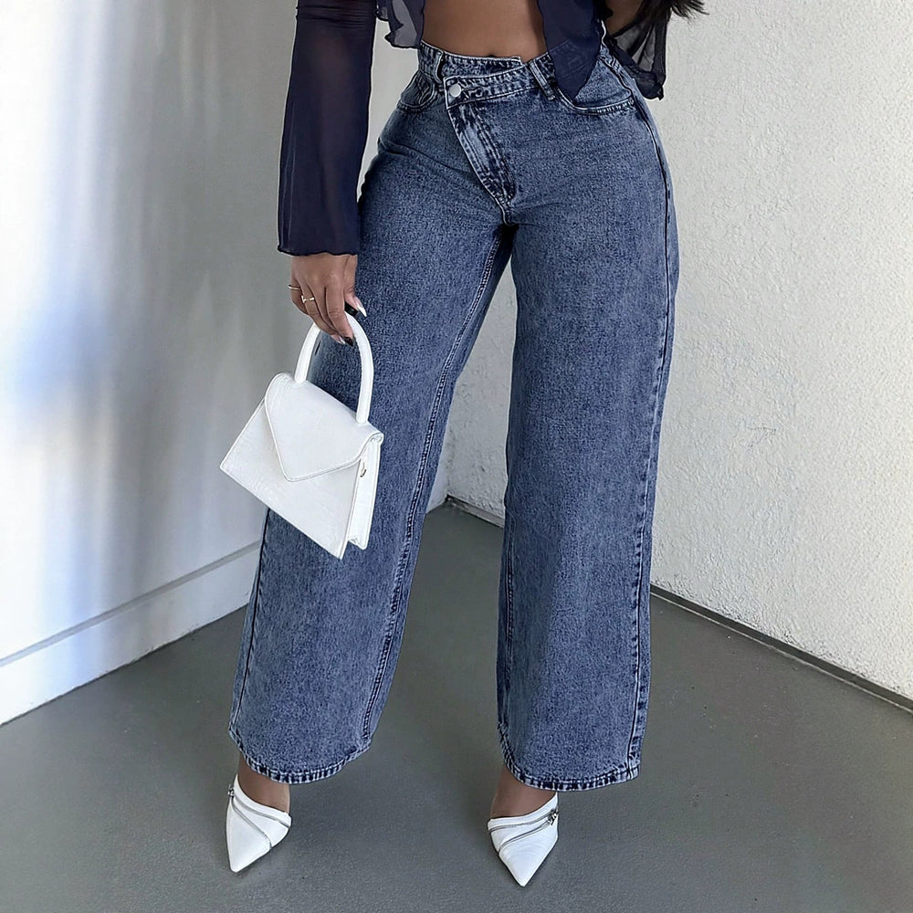 Fashionjeans women's light blue washed diagonal placket misaligned high waistloose pantsretrodrapedstraight-legmoppants