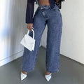 Fashionjeans women's light blue washed diagonal placket misaligned high waistloose pantsretrodrapedstraight-legmoppants