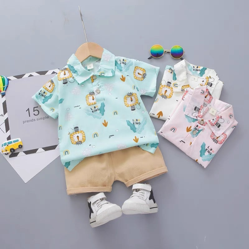 Boys' summer short-sleeve set: stylish kids' summer outfit, casual short-sleeve and shorts two-piece set, korean style baby clothes, trendy