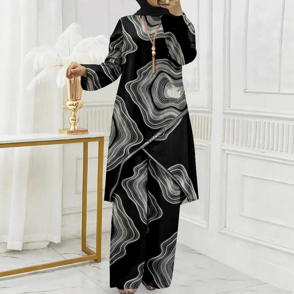 cross-border new arrival: women's two-piece loungewear set - relaxed fit with linear print design