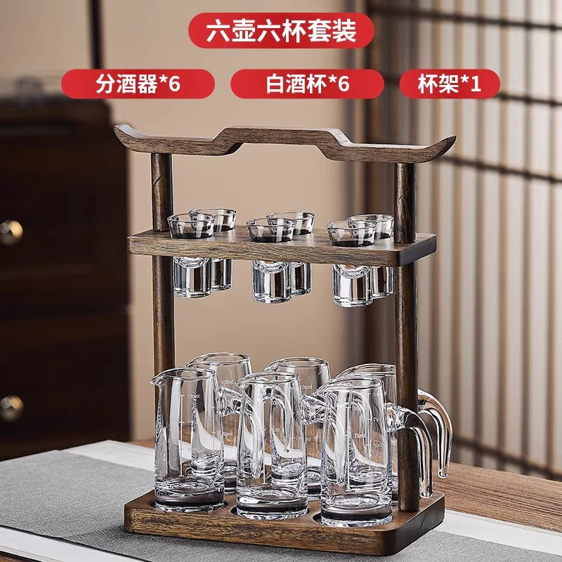 High-end acacia wood white wine glass set - home use, light luxury crystal glass shot glasses, gold foil wine pourer, barware set