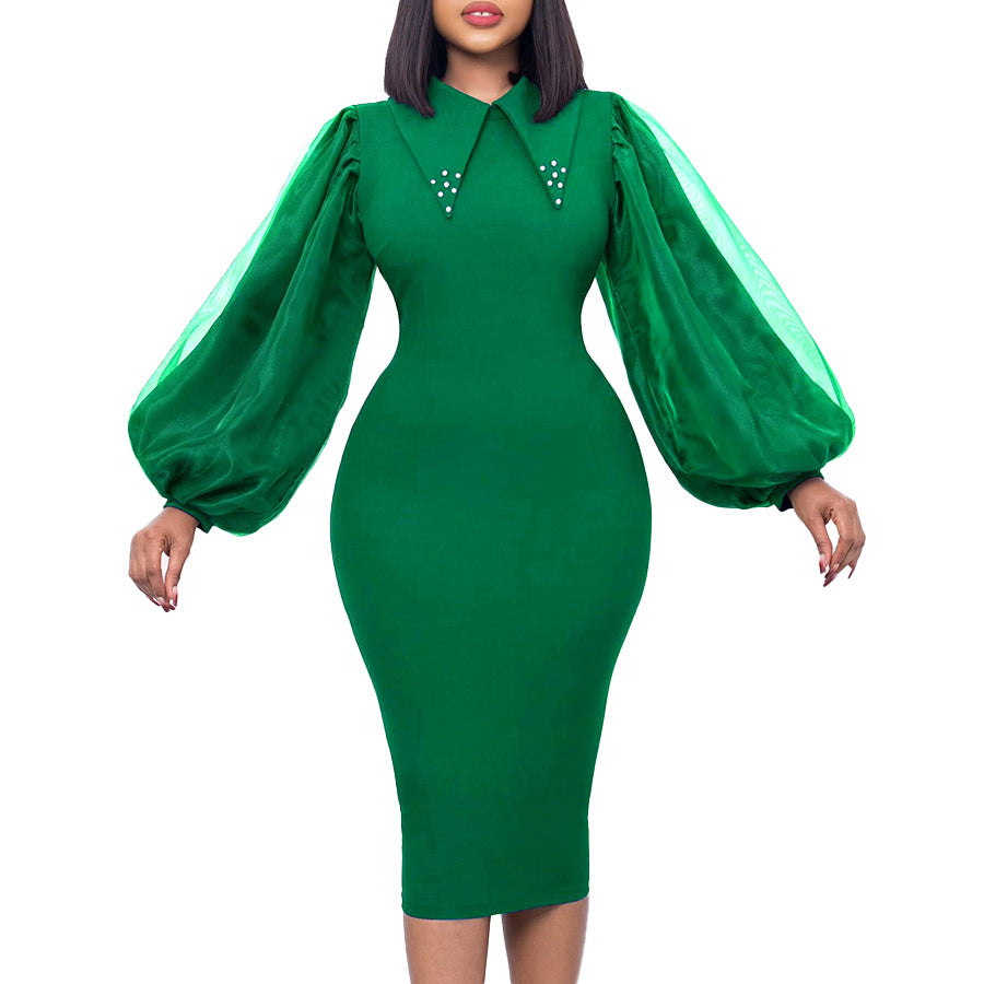 D307 european and american style women's spring/autumn long sleeve plus size bodycon beaded mesh panel commuter pencil skirt foreign trade dress