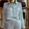 European and american cross-border women's fashion  summer new arrival: stylish turn-down collar printed long-sleeve cropped shirt and pleated pants set