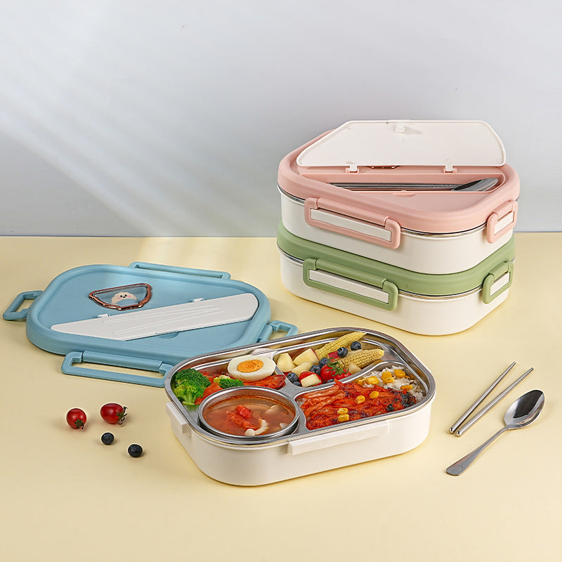 Food grade 304 stainless steel lunch box, large-capacity work portable grid lunch box, student cartoon dinner plate bento box