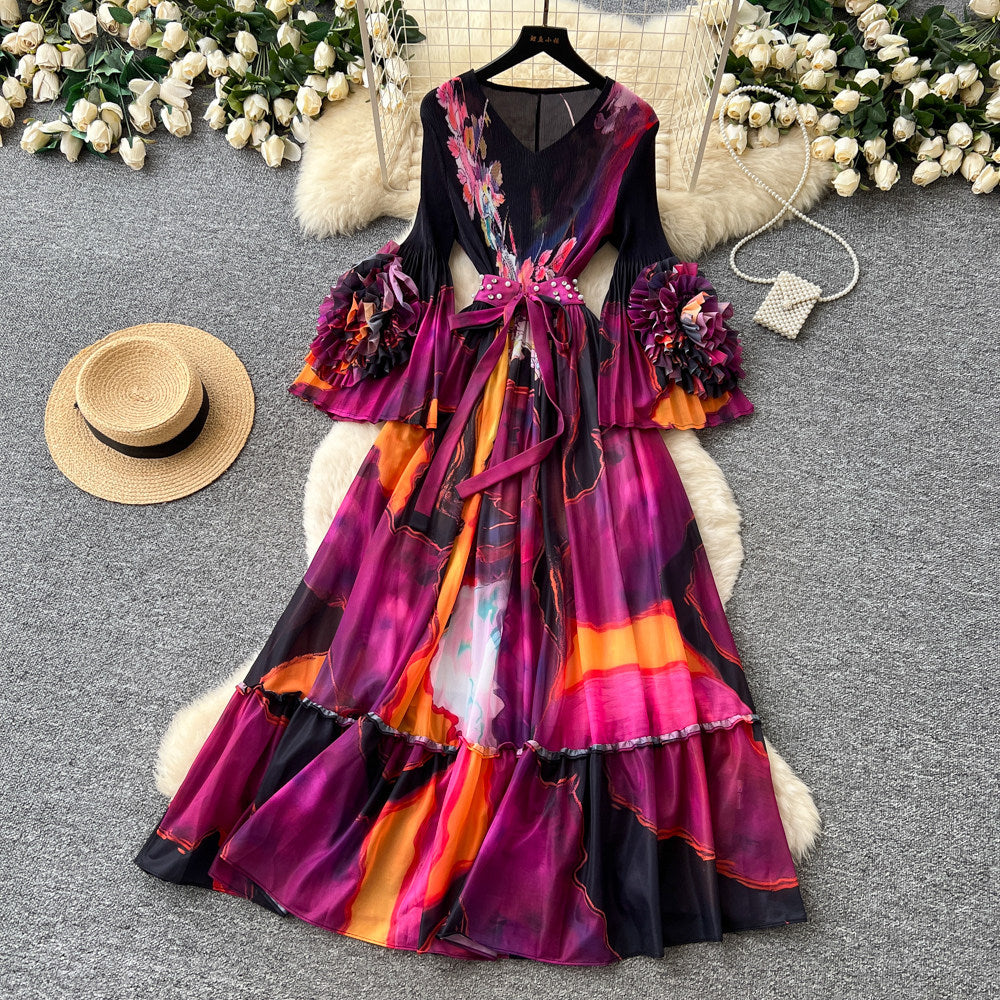 Vacation-style purple floral print dress for women, spring long-sleeved high-waisted a-line dress with a cinched waist and ruffle hem maxi skirt