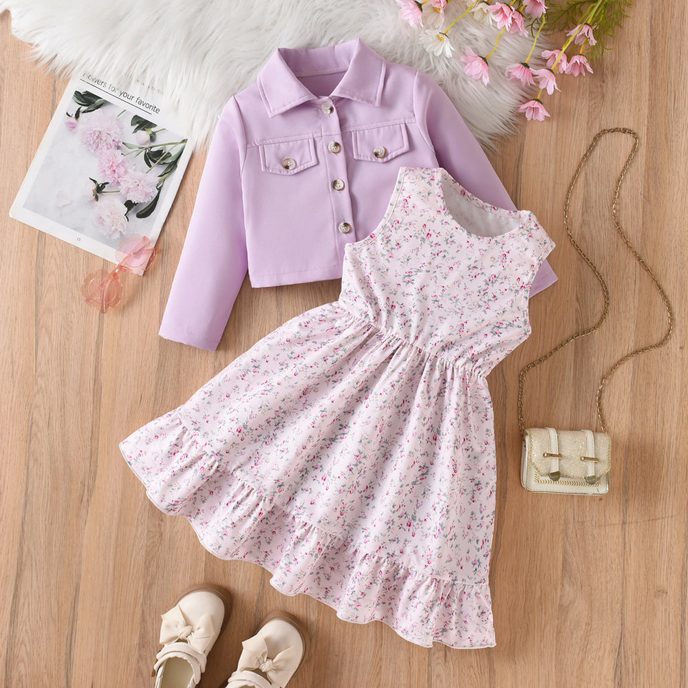 Girls' foreign trade outfit: taro purple turn-down collar jacket & vest with floral dress two-piece set - autumn children's dress