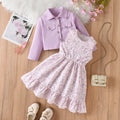 Girls' foreign trade outfit: taro purple turn-down collar jacket & vest with floral dress two-piece set - autumn children's dress