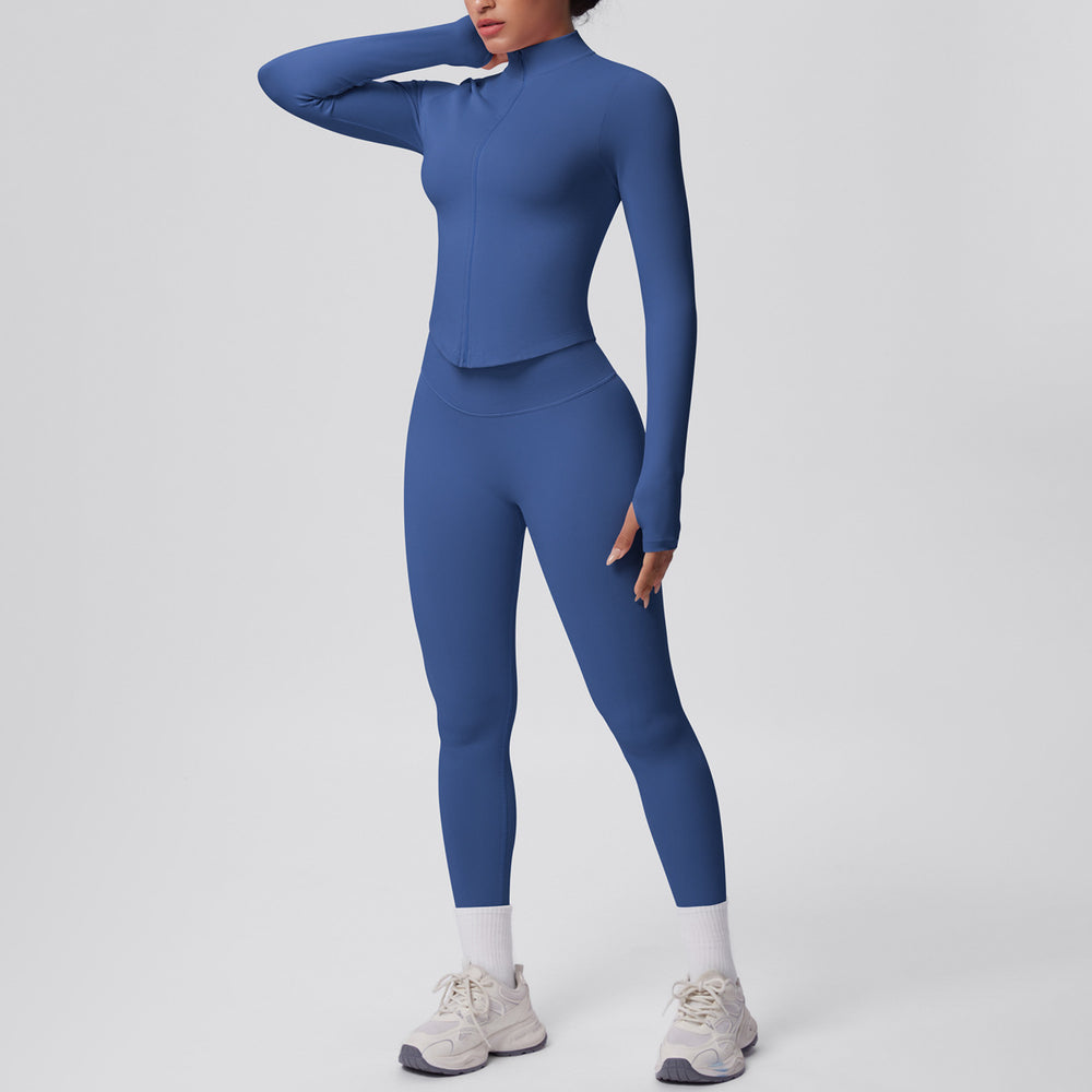 High-waisted, butt-lifting, form-fitting yoga set. solid color, seamless, stand-up collar, longline activewear. perfect for outdoor running and fitness
