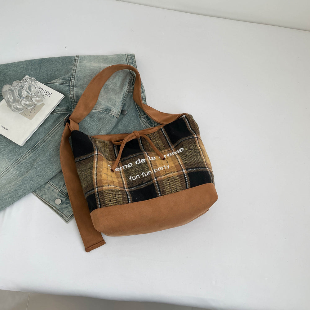 European and american retro plaid bag autumn and winter versatile new double-sided backpack solid color minimalist shoulder bag large capacity tote bag