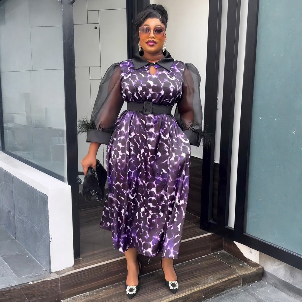 new arrival  african women's plus size cross-border trade three-quarter sleeve black feather lapel printed dress