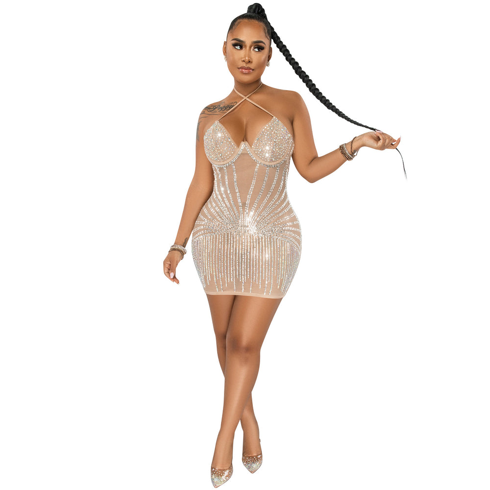 X5653    fashion sexy halter wrap chest rhinestone mesh see-through midi dress