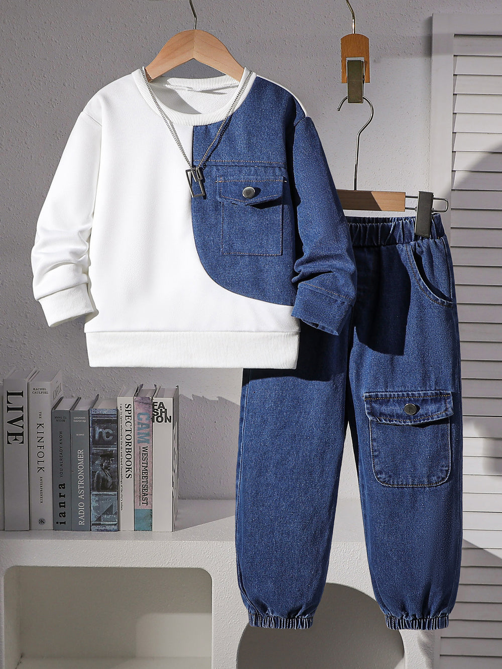 children's autumn and winter denim suit black round neck denim patchwork sweatshirt + denim pants suittwo-piece set