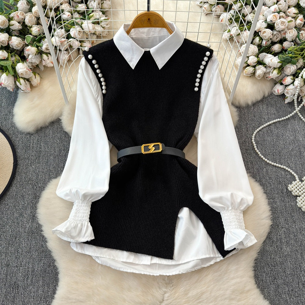 Autum shirt shirt plus knittingvesttwo-piece set female classy sense tweed style foreign style age reduction petitessuit