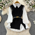 Autum shirt shirt plus knittingvesttwo-piece set female classy sense tweed style foreign style age reduction petitessuit