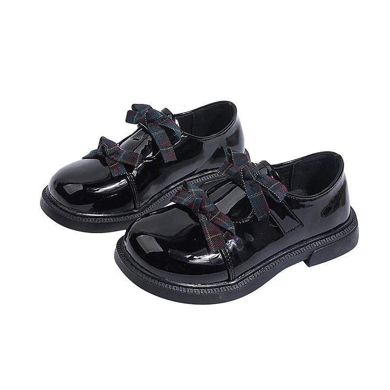Vancahao children's british style leather shoes  spring and autumn new girls' bow princess shoes bright leather flats