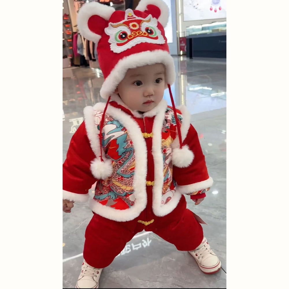 Festive new year outfit for baby: chinese new year clothes, full month, 100-day celebration, first birthday cotton-padded jumpsuit, red romper, fleece-lined outdoor cotton-padded coat