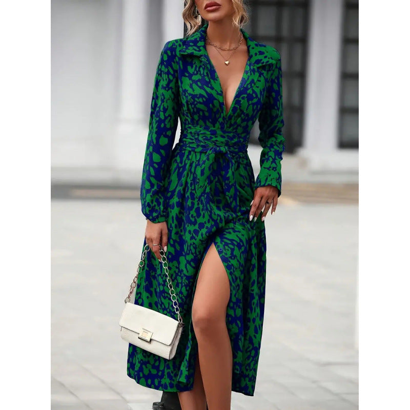 Shipped to fashion cross-border  all-over printing buttons long sleeves waist a-line dress independent station