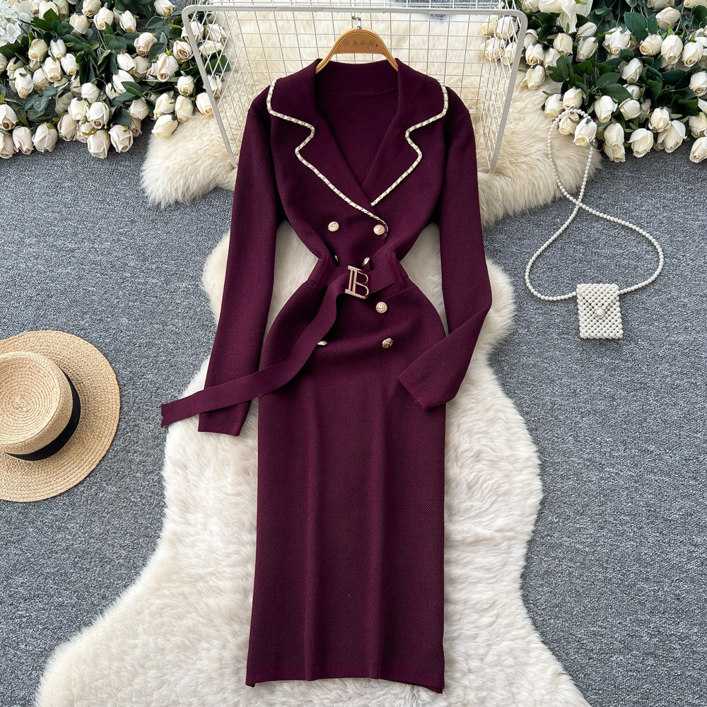 French chic color block double-breasted knit dress with tie waist and long sleeves - women's sweater maxi dress