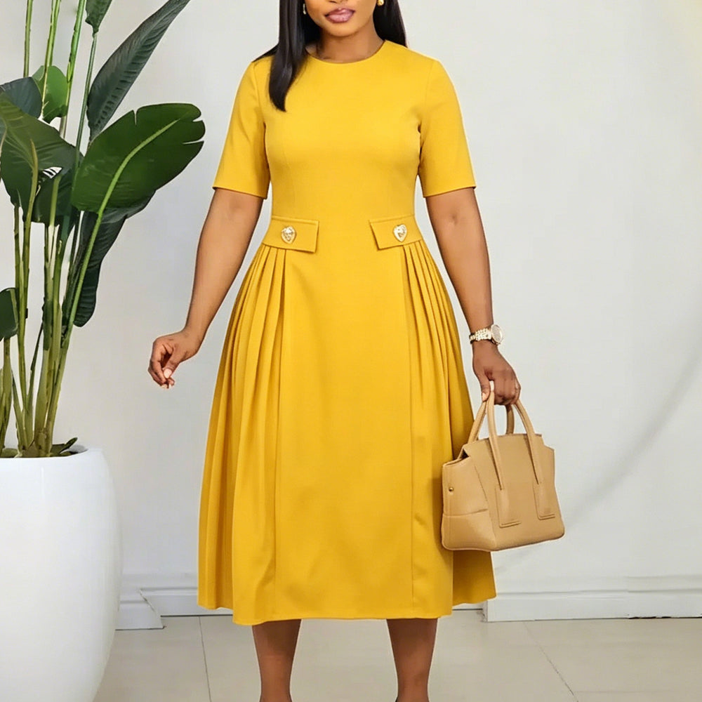 C8661 african women's clothing  summer new arrival: round neck short sleeve elegant solid color midi dress, european and american style