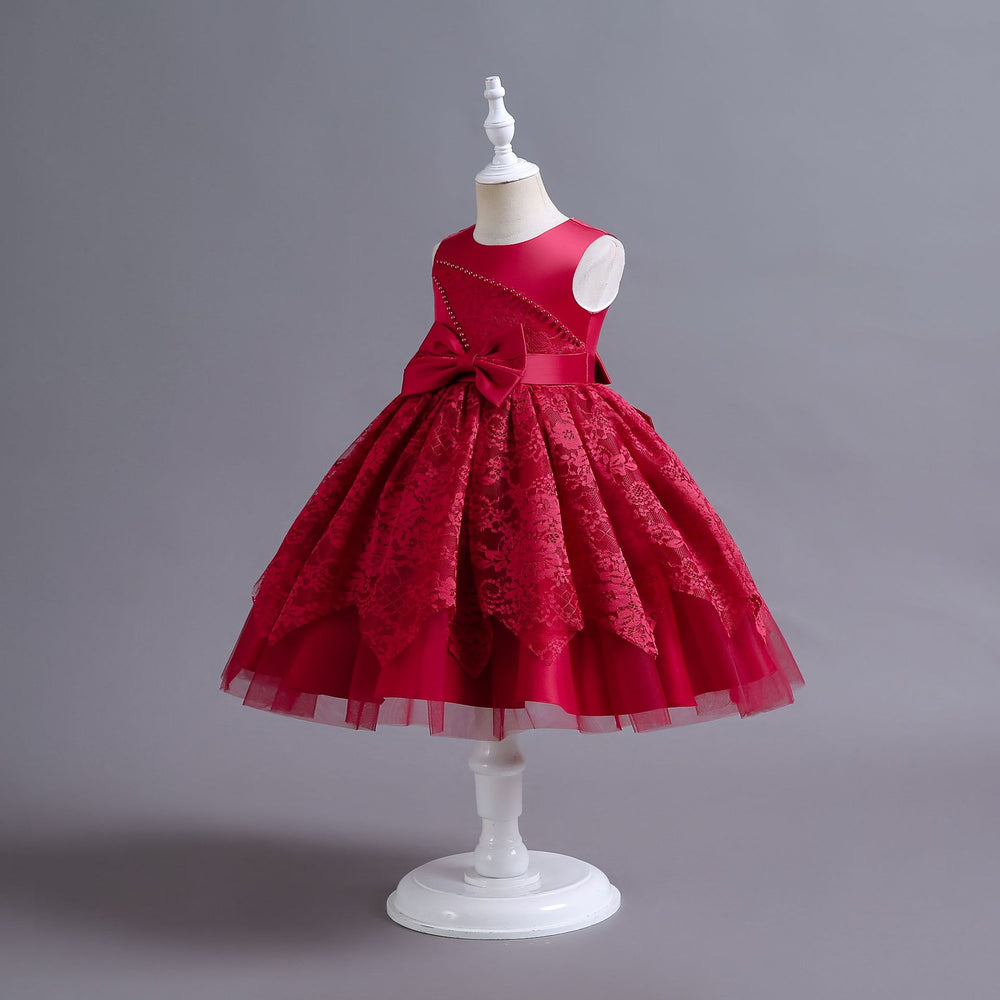Ready-to-ship wholesale children's formal dresses, beaded floral patterned princess dresses for girls, perfect for everyday wear, birthdays, and banquets, made with satin fabric